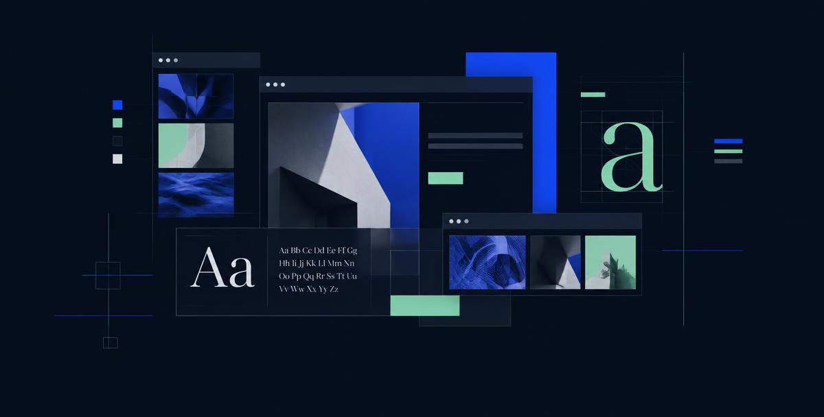 Abstract composition showing digital design, typography, and website interfaces